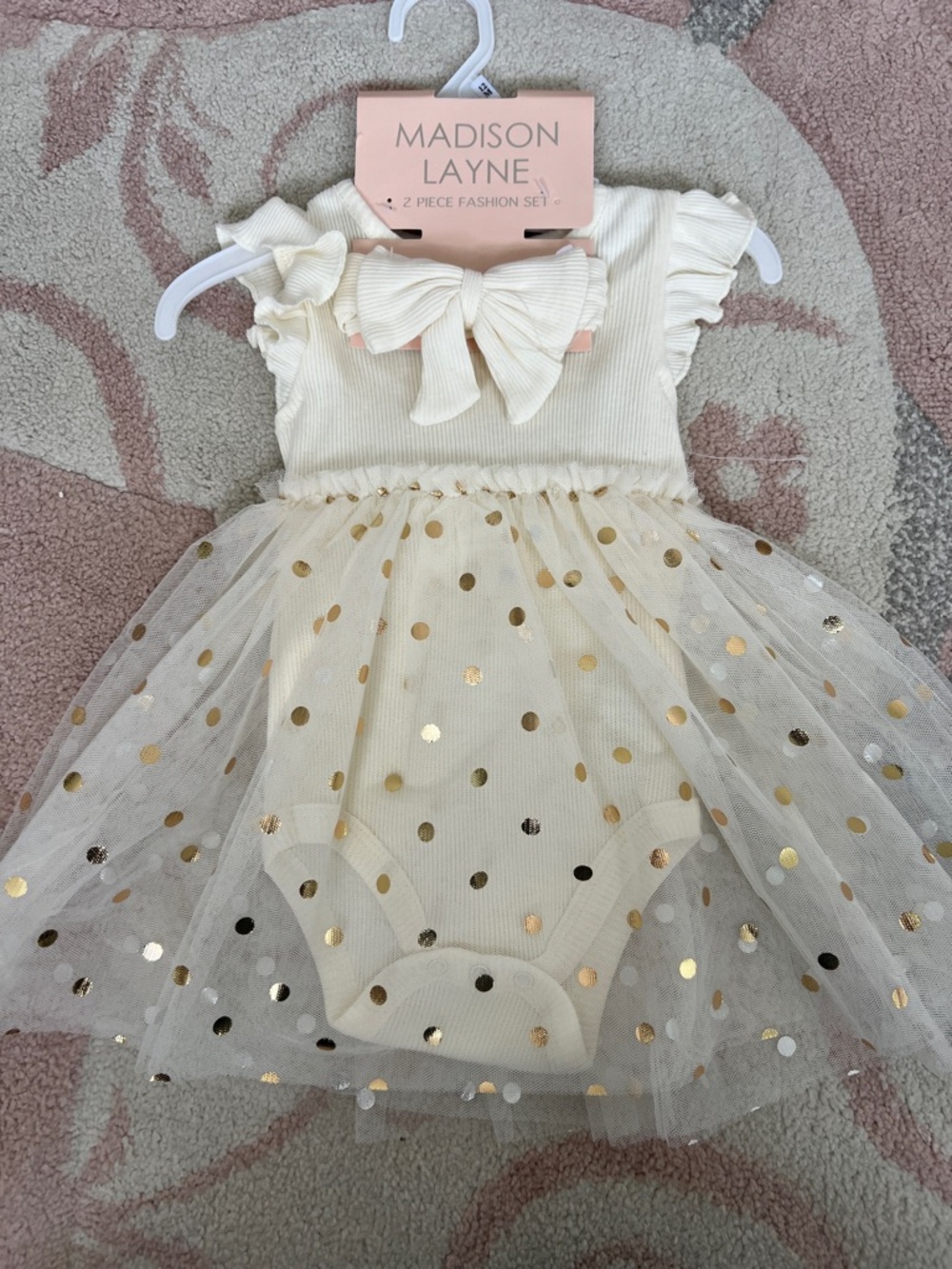 Madison Cream & Gold Polka Dot Tulle Baby Dress Set